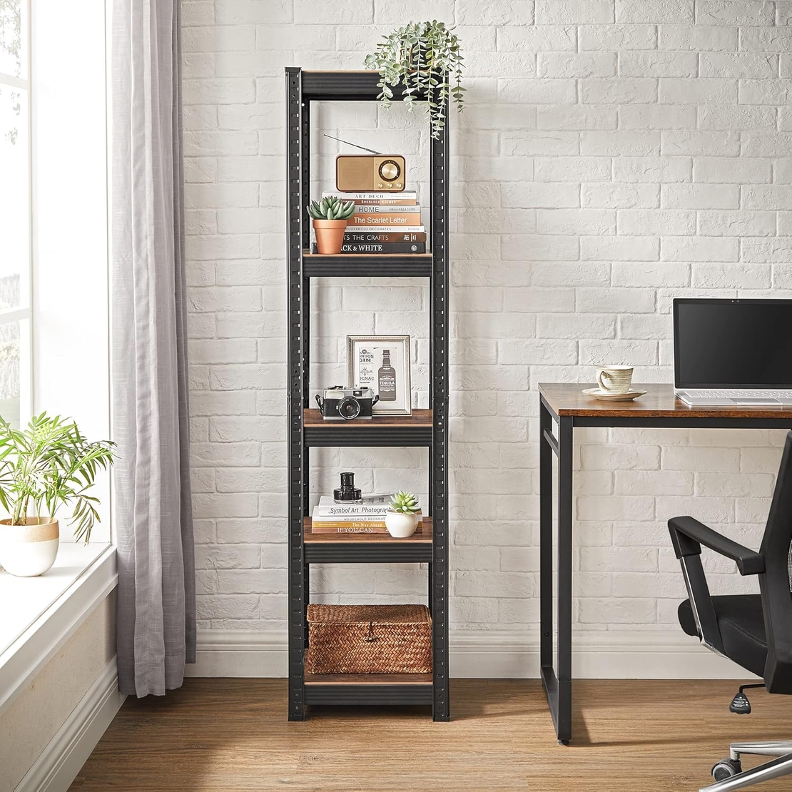 SONGMICS Etajera 5 rafturi ajustabile, structura metalica, stil industrial, MDF, 37x37x150 cm, maro si negru