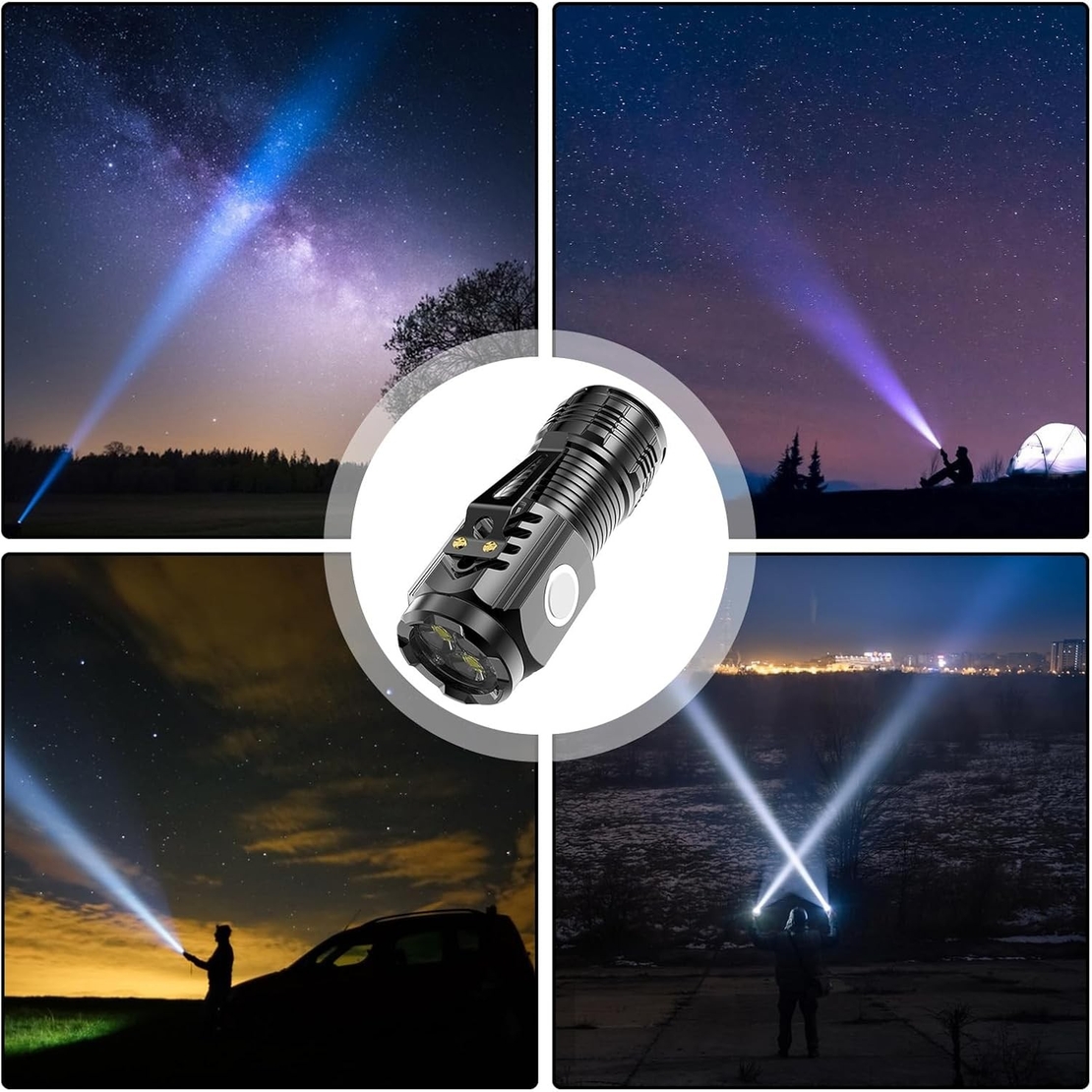 Lanterna cu 3 Nuclee Led, Vafy, Incarcare USB, Autonomie 4-20h, Raza Maxima 100-200 m, 5W, 4 x 4 x 9 cm, Suport de Agatat, Fund Magnetic, Negru