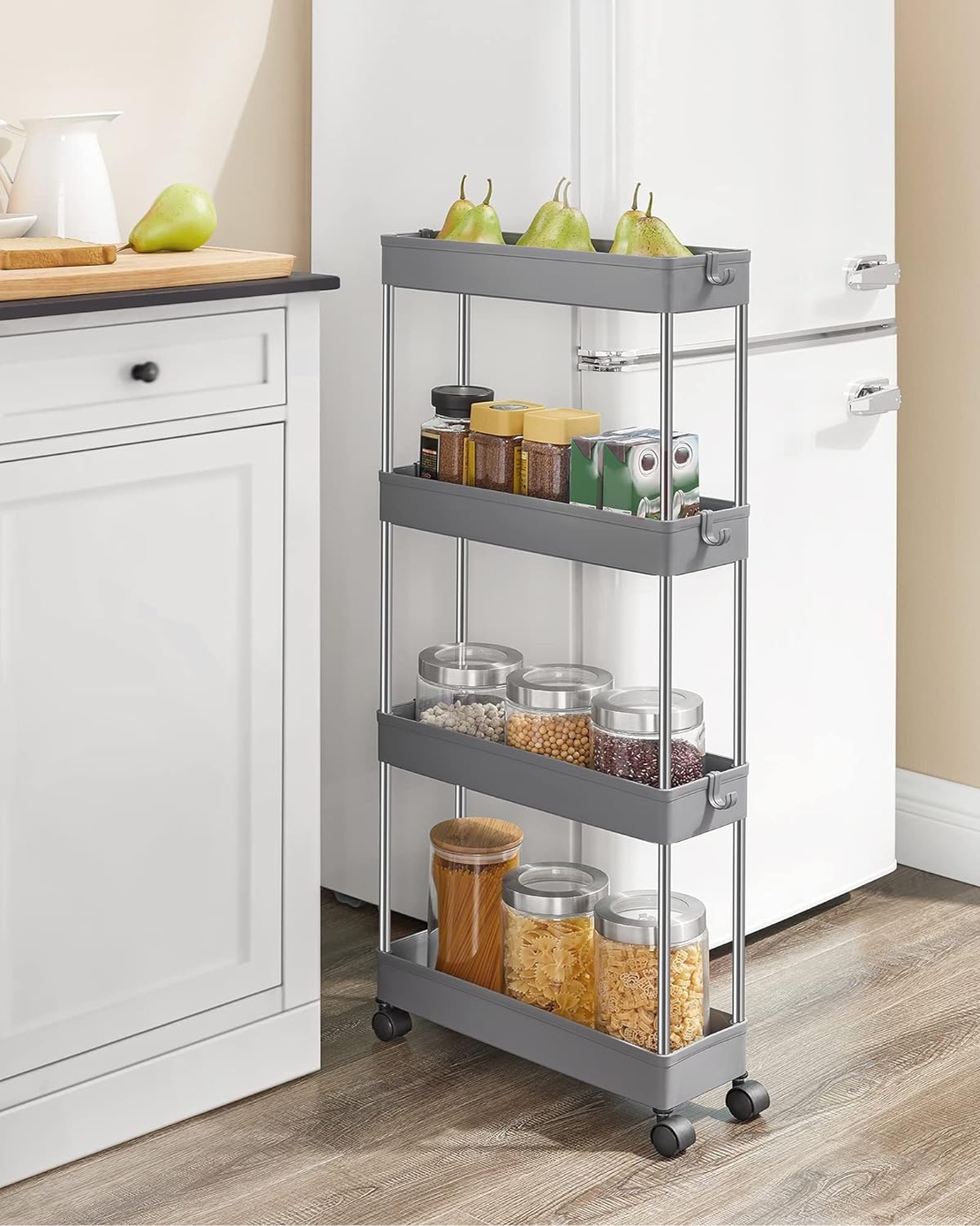 SONGMICS Carucior de depozitare pe roti, pentru bucatarie sau baie, din plastic, cu 4 nivele, 40x13x88cm, gri