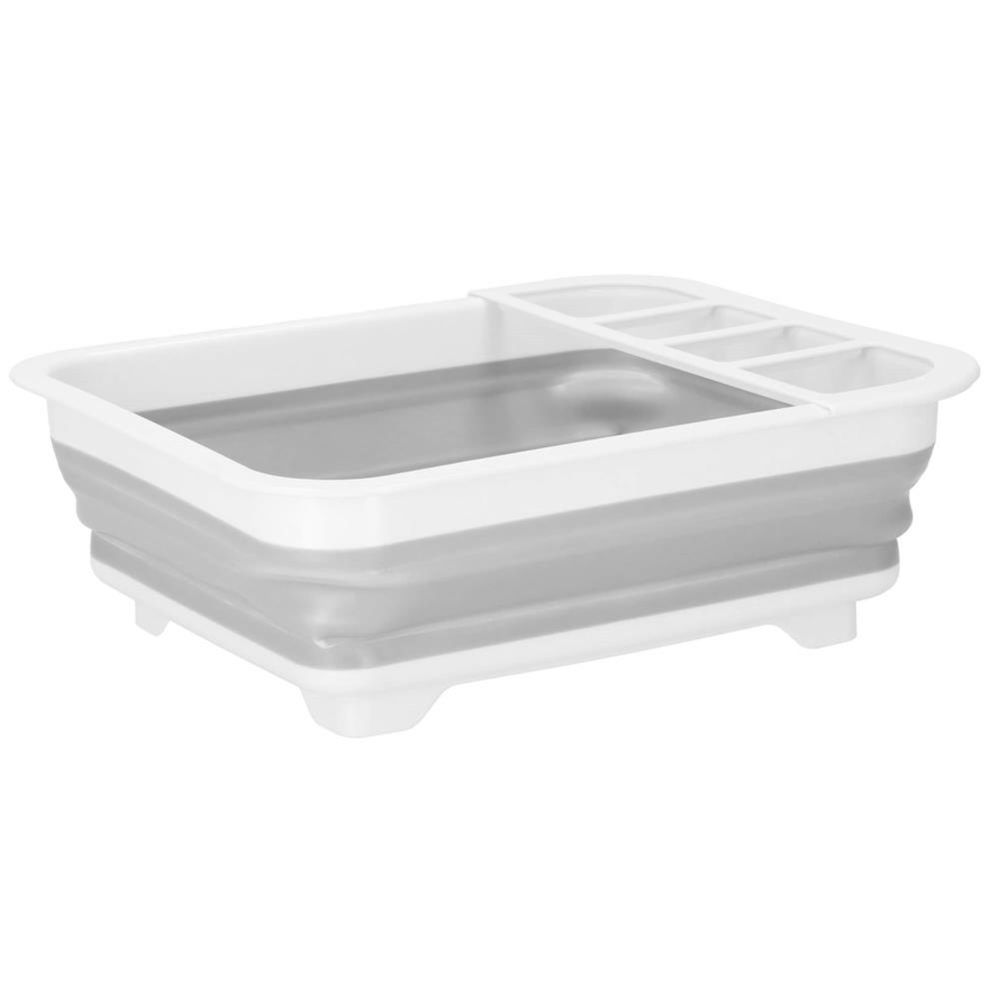 Uscator de vase pliabil, din pastic si silicon, 36x31x12cm, suport tacamuri, alb si gri