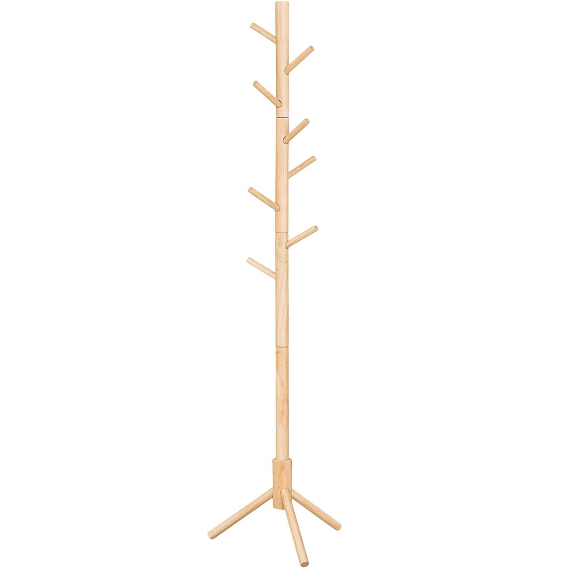 VASAGLE Cuier lemn masiv 47x47x175 cm, 8 carlige si inaltime reglabila, baza triunghiulara, natur