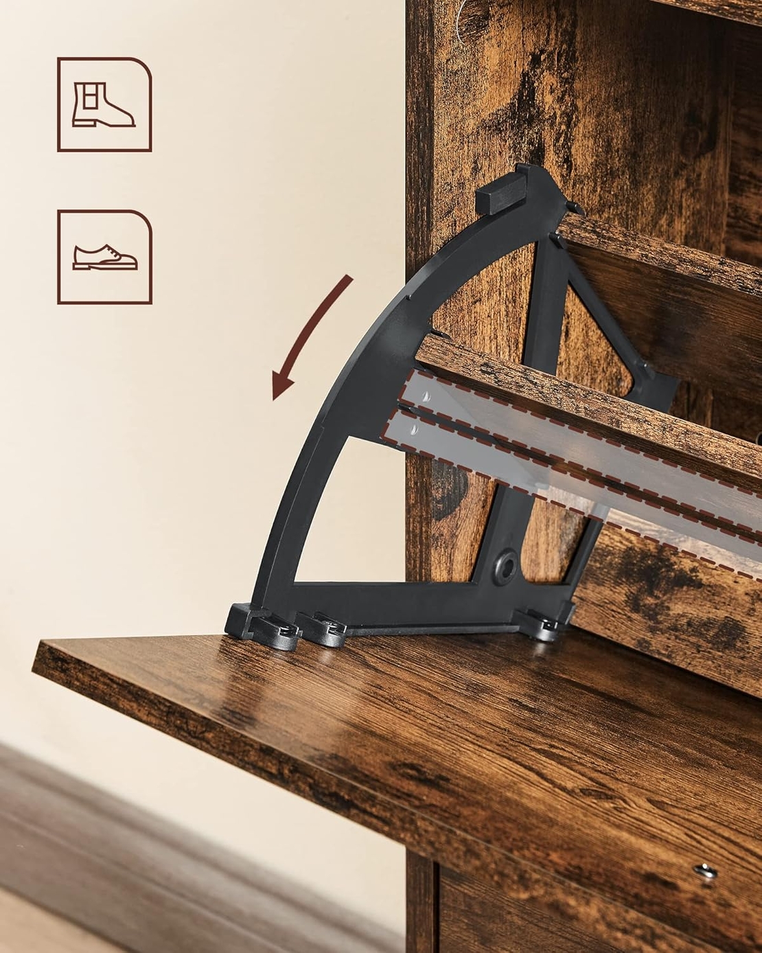 VASAGLE Dulap pantofi cu 2 usi rabatabile, din MDF, pentru 8-12 perechi, 60x24x84cm, maro rustic