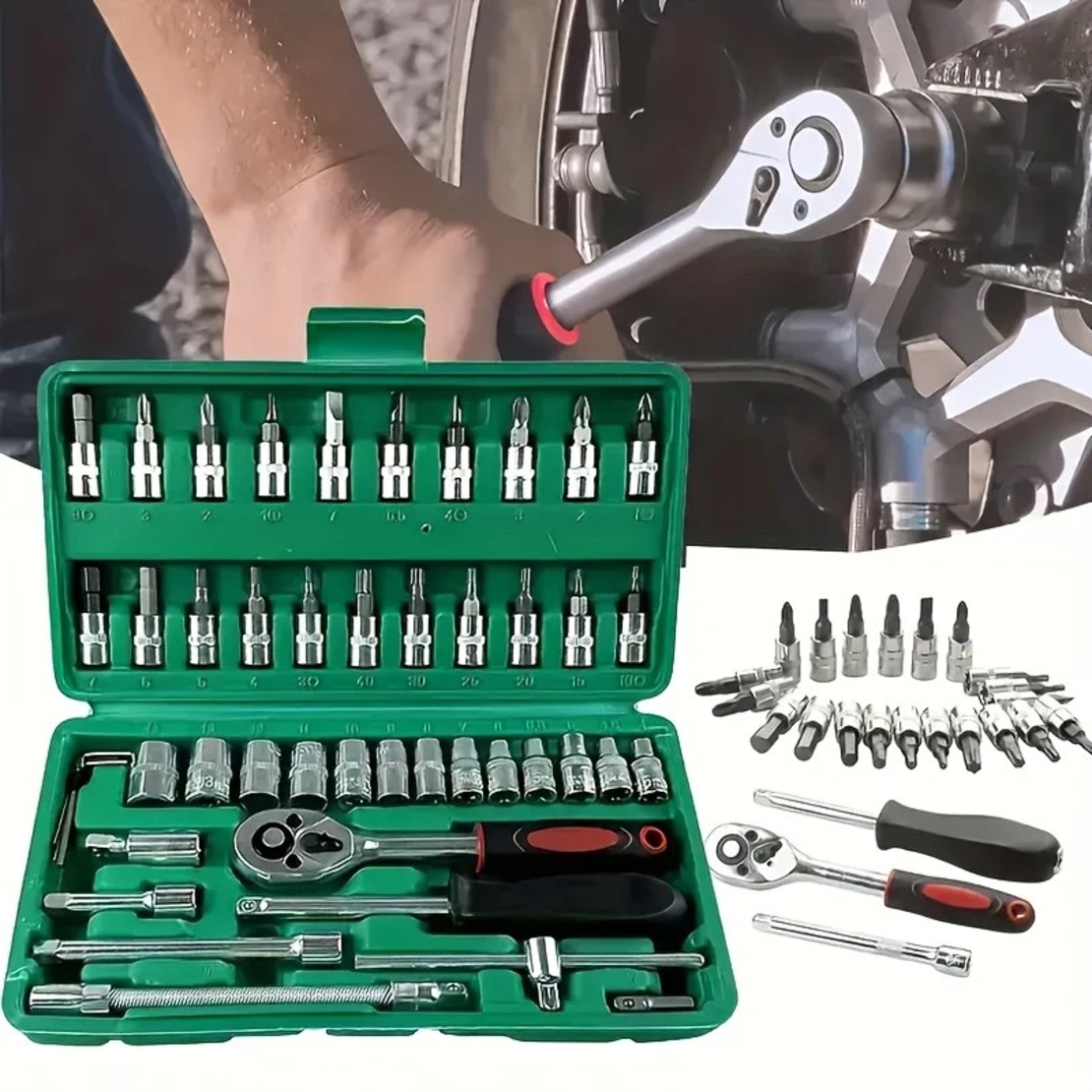 Chei tubulare Set 46 de Piese, Flippy, Trusa Scule de Reparatii Auto, Prelungitoare Rigid si Flexibil, Articulatie Cardanica, Antrenor de Forta Glisant, Adaptoare, Maner pentru Surubelnita, 23 x 12 x 4 cm, 1.9 kg, Cutie Verde