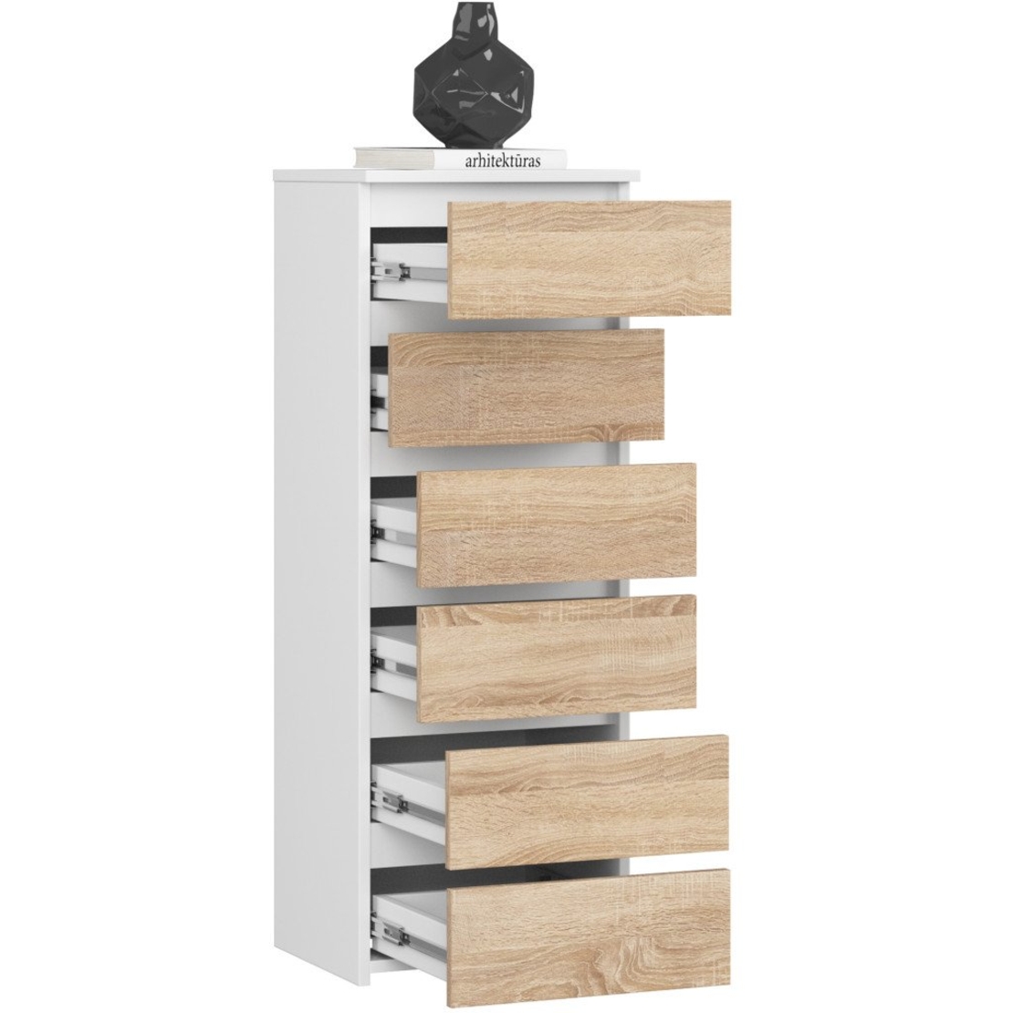 Comoda cu 6 sertare, PAL laminat 16 mm, 40x35x109 cm, alb si stejar sonoma