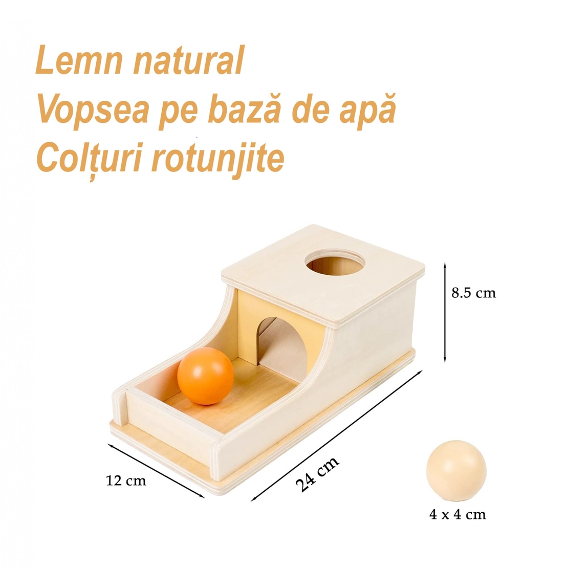Jucarie Educativa Montessori din Lemn, Flippy, Model Pista cu Bile si Tunel, 4 piese, Joc pentru Motricitate si Coordonare, Copii 12+ luni, 24 x 12 x 8.5 cm, Multicolor
