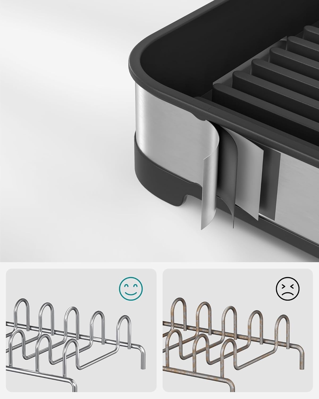 SONGMICS Uscator de vase si tacamuri, din inox, suport pentru tacamuri si sistem de scurgere, 21x45x13 cm