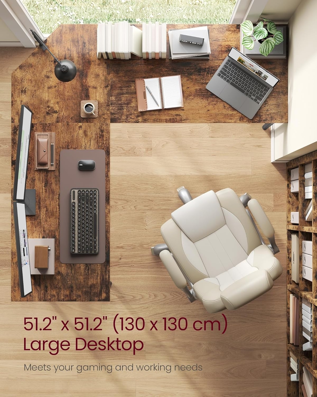VASAGLE Birou de colt in forma de L, cu 2 rafturi de depozitare, 130x130x76 cm, industrial, maro rustic