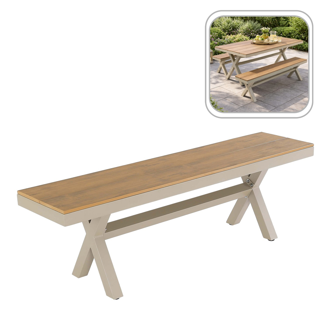 Banca gradina din aluminiu cu sezut aspect lemn, 150x36x47 cm, bej