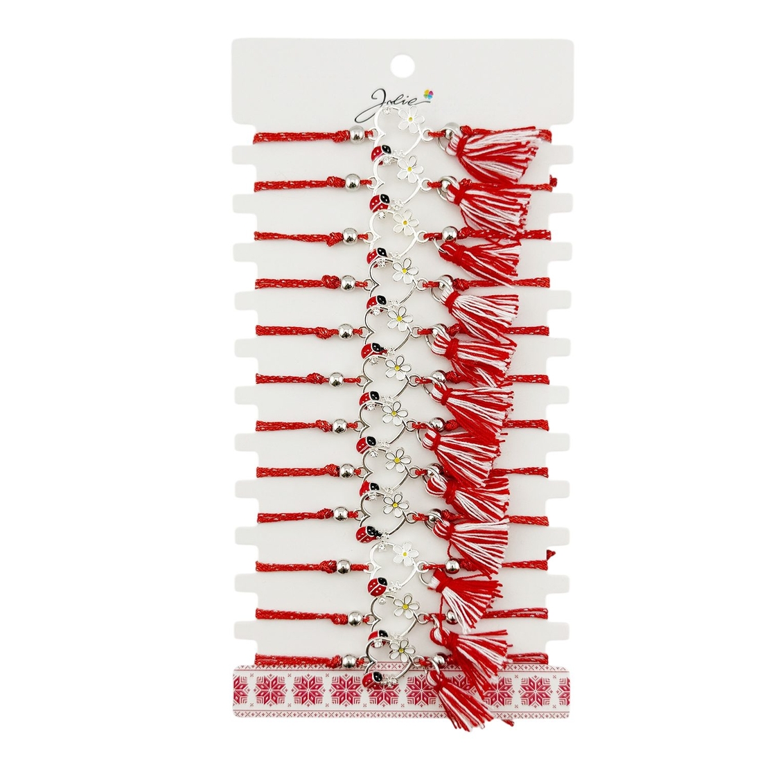 Martisor Bratara cu Ciucure pentru Dama, Jolie, Model Inima cu Floare Alba, Set 12 bucati, Pandativ din Inox cu Piatra, Snur Reglabil, Rosu/Alb