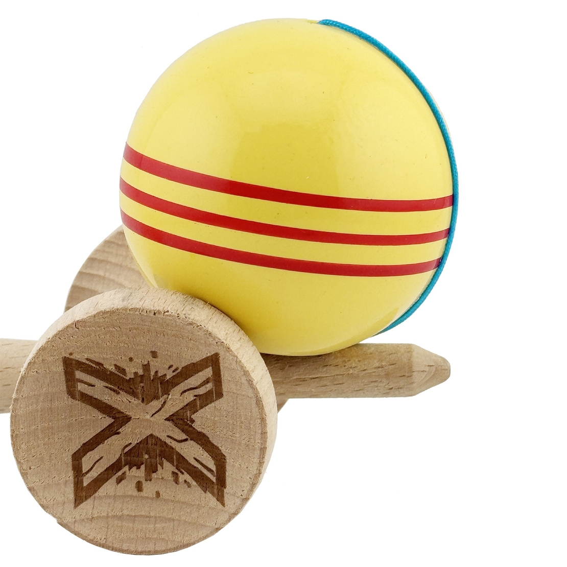 Kendama X Originala, Profesionala, Flippy, Big Cups V2, Super Sticky Legendary Cupe Mari, Rulment Metalic cu Ata 55 cm, Galben/Linii Rosii