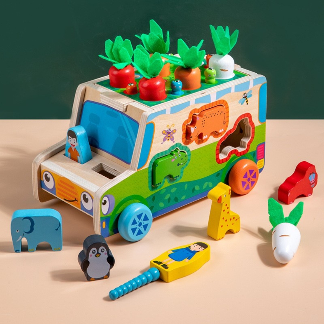 Jucarie Educativa Montessori, Flippy, Model Masinuta Educativa din Lemn 6 in 1, Sortator Forme, 1–3 ani, 23.7 x 17.5 x 12 cm, Multicolor