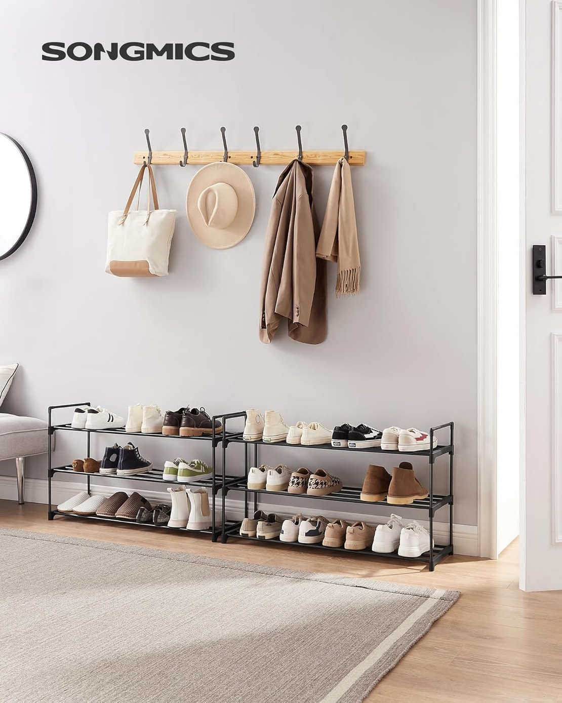 SONGMICS Set 2 suporturi pentru pantofi cu 3 niveluri, structura metalica, 30x92x54 cm, negru