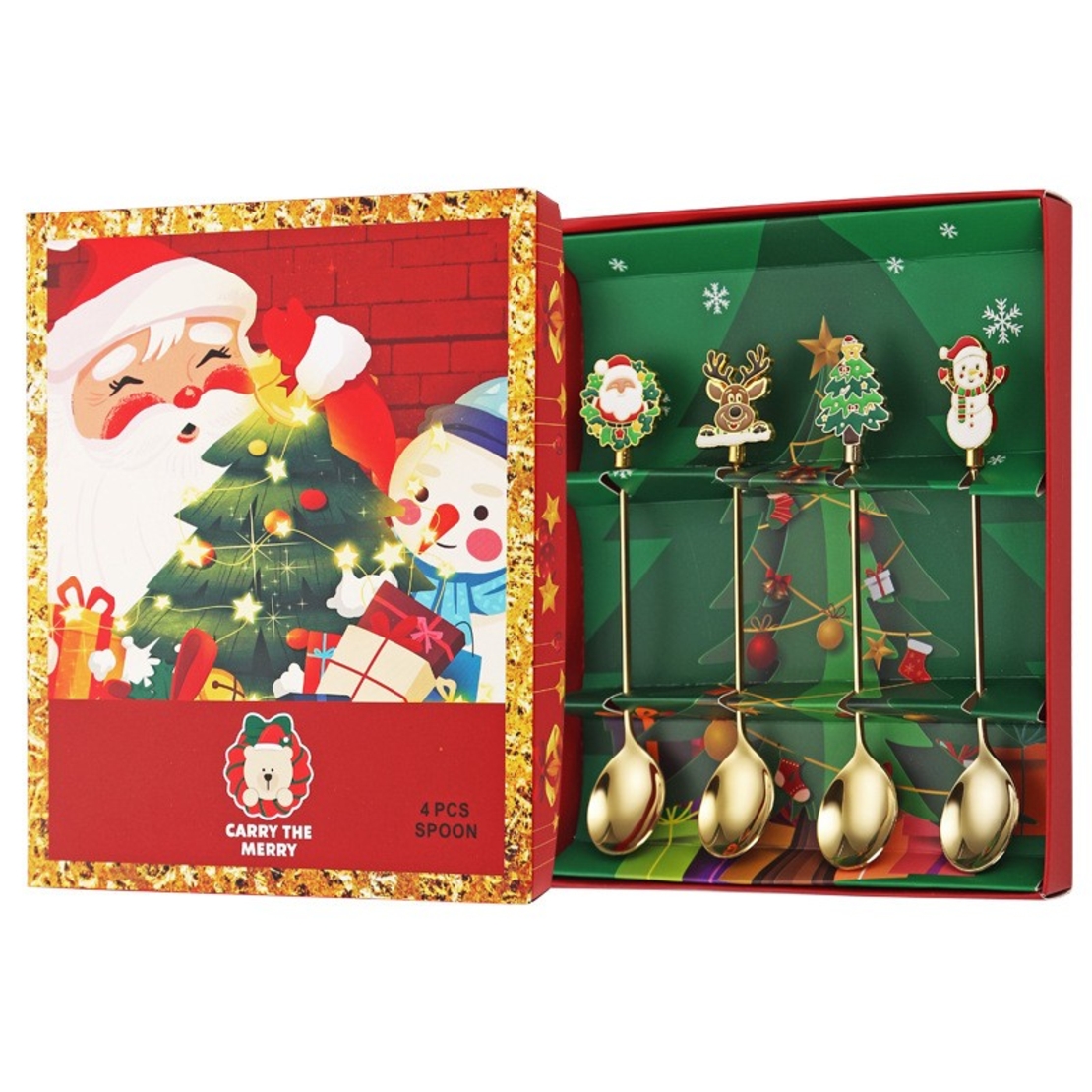 Set 4 Lingurite, Flippy, Tema Craciun, Model Carry The Merry, 4 Modele, din Otel Inoxidabil, 19.5 x 16 x 2 cm, Multicolor