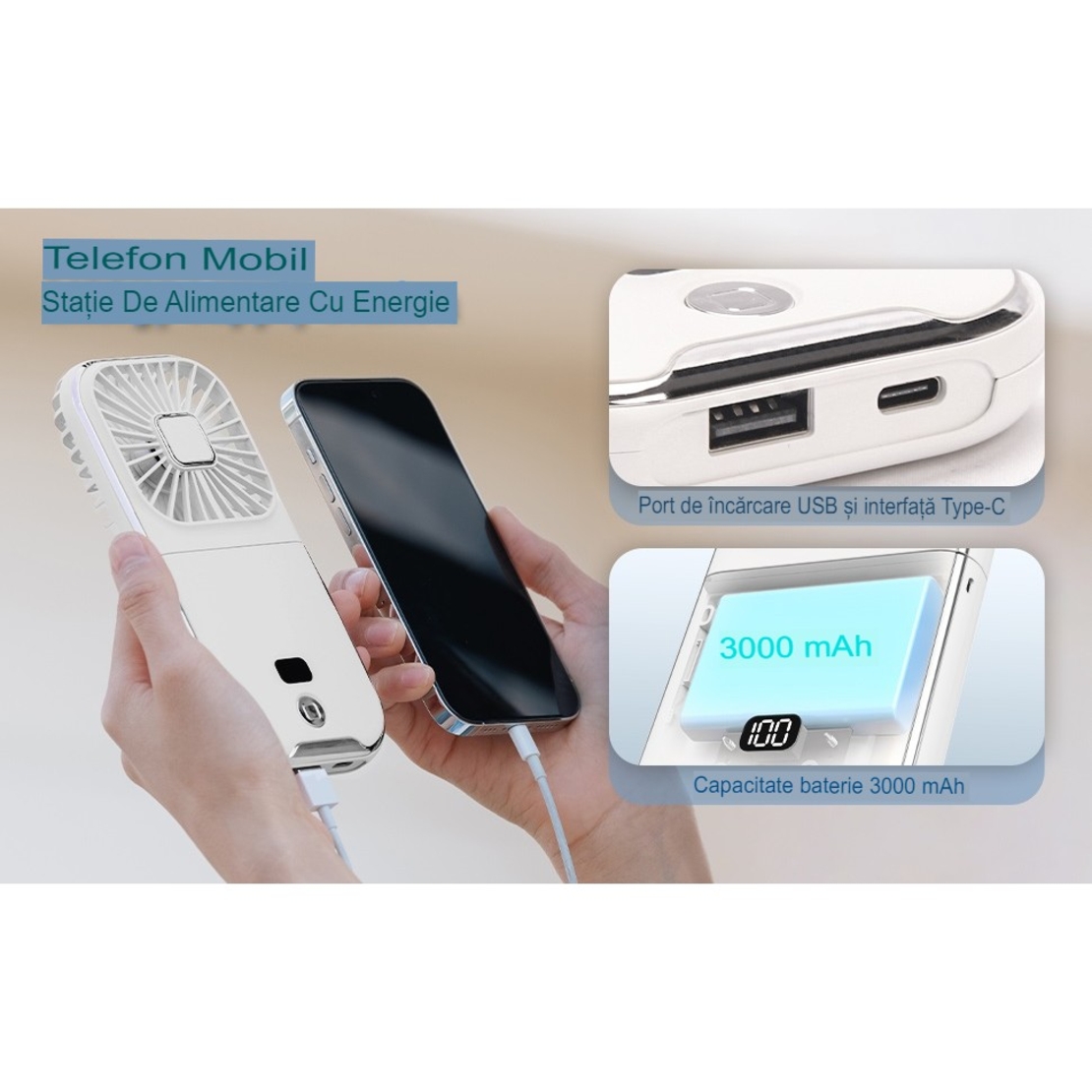 Ventilator Portabil Vafy, 3 in 1, de Mana, de Gat, de Birou, 16.7 x 8 x 1.9 cm, 3 Trepte de Viteza, Incarcare USB, Pliabil, Afisaj Digital, Suport Telefon, Alb