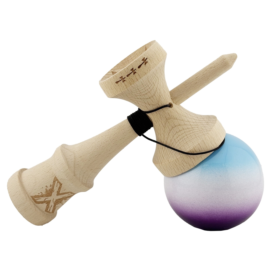 Kendama X Originala, Profesionala, Flippy, Big Cups V2, Super Sticky cu Cupe Mari, din lemn 18 cm, Rulment Metalic cu Ata 55 cm, Albastru/Alb/Mov