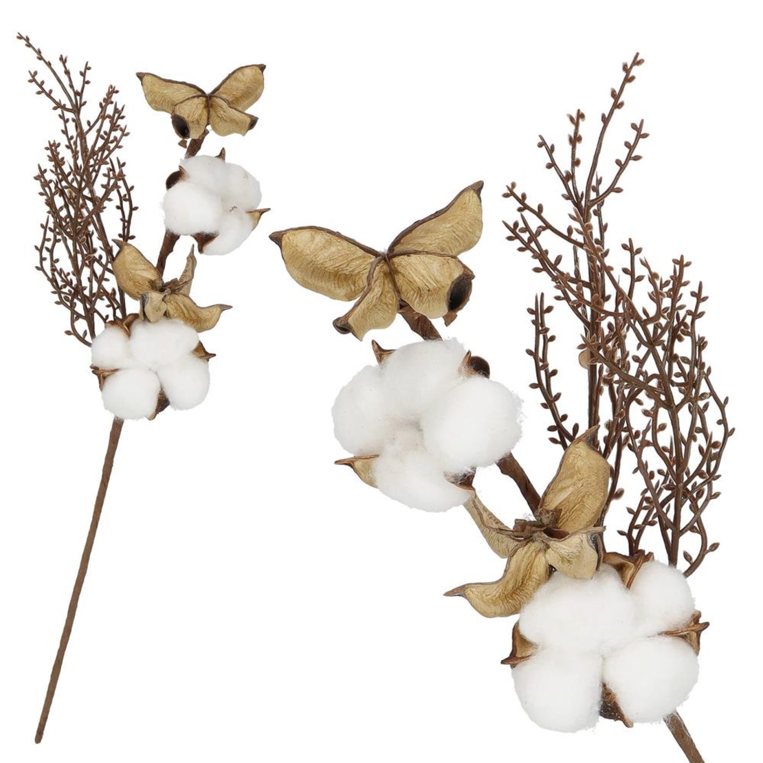 Ramura decorativa Craciun cu bumbac si plante uscate, 37 cm, alb/maro