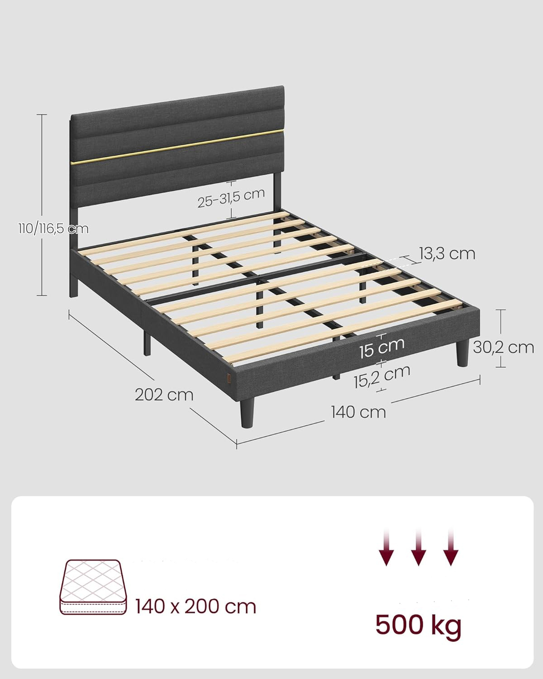 VASAGLE Pat tapitat 140x200 cm, cu tablie capitonata, somiera din lemn masiv reglabila, structura metalica, gri inchis