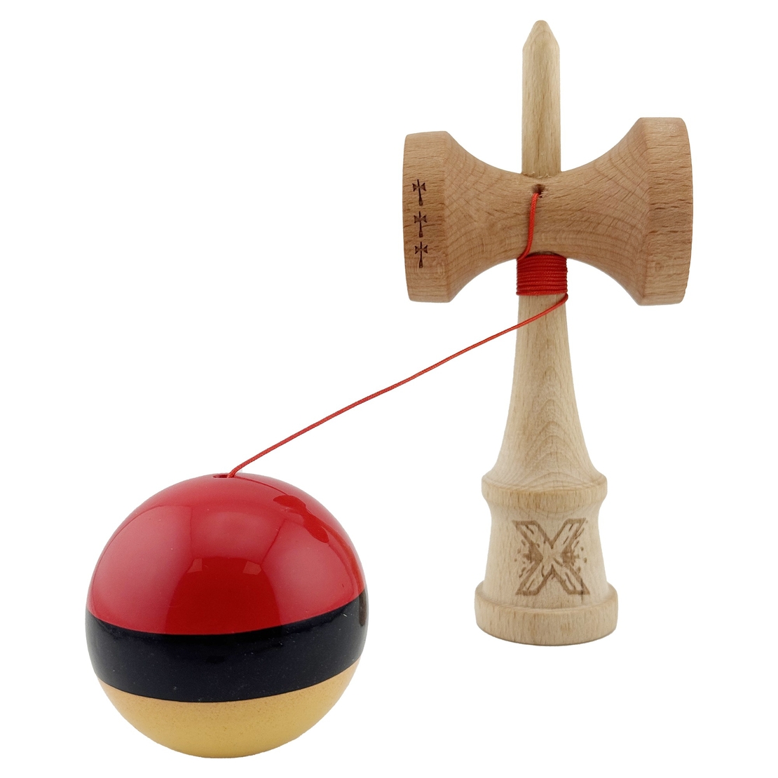 Kendama X Originala, Profesionala, Flippy, Big Cups V2, Super Sticky cu Cupe Mari, Rulment Metalic, din lemn 18 cm, Ata 55 cm, Rosu/Negru/Galben