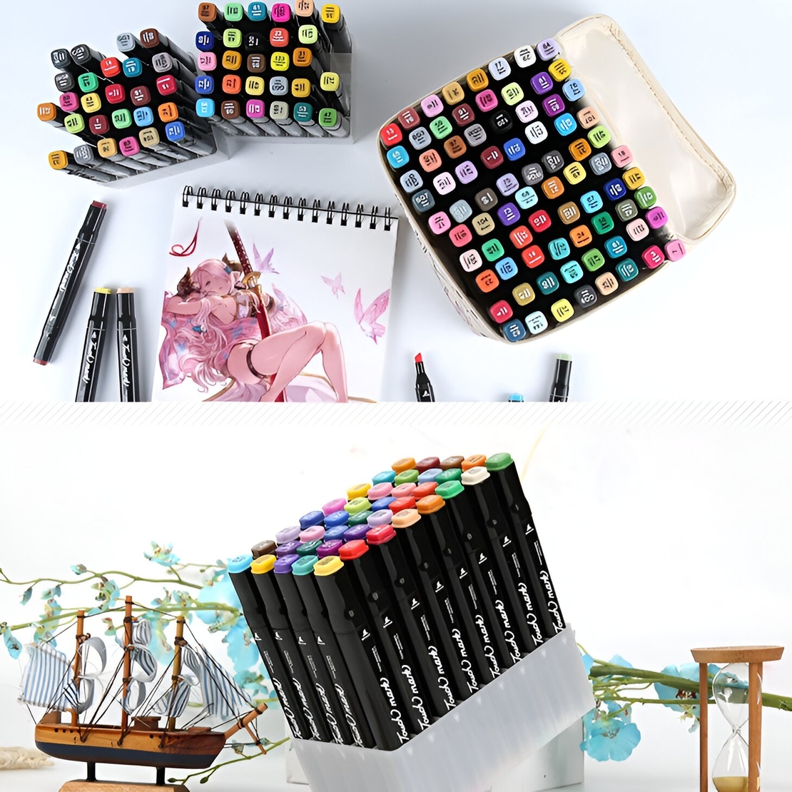 Set 60 Markere Duble cu Alcool Touch Room, Geanta Inclusa, Flippy, Model 1 Multicolor