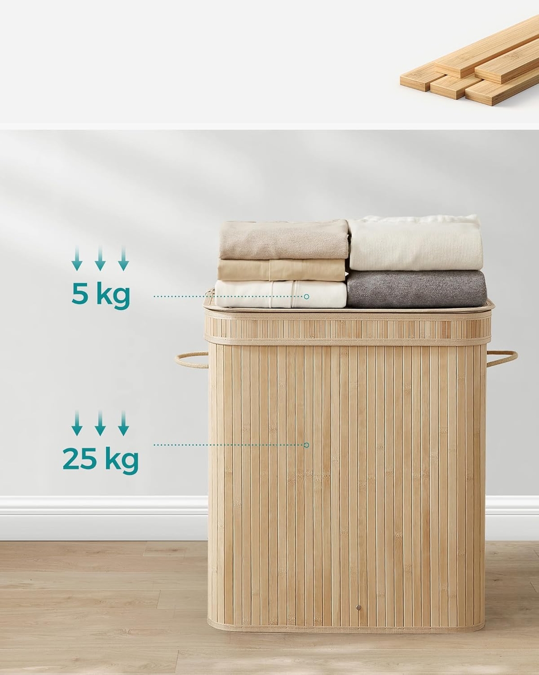 SONGMICS Cos de rufe din bambus cu capac 100L, sac textil detasabil, 55x35x61 cm, bej natur