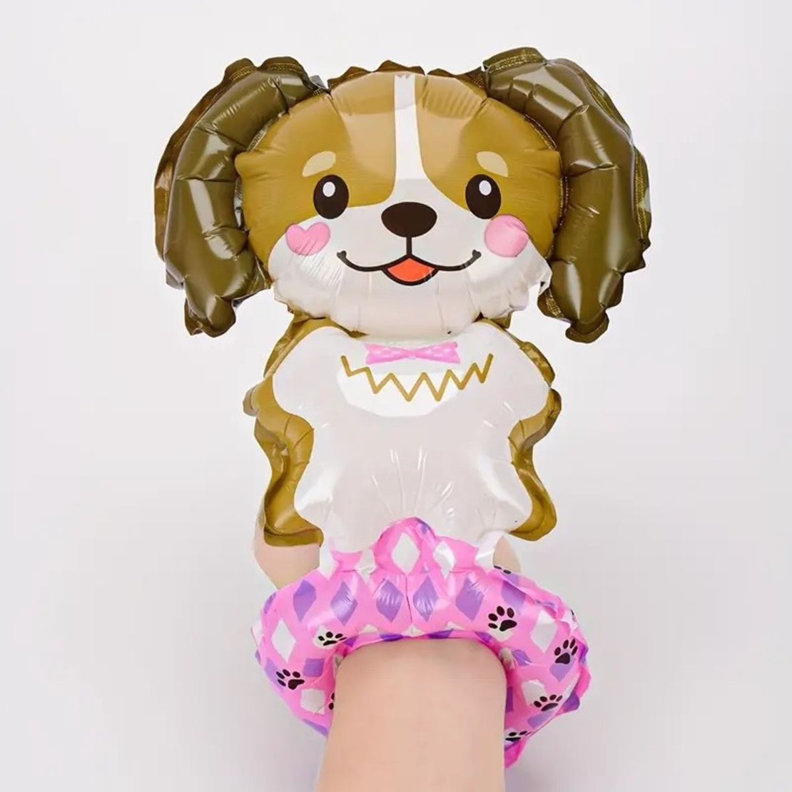 Balon din Folie Metalizata, Vafy, Figurine Animalute, Tip Bratara, Model Catel, 13 x 35 cm, Ambalaj Individual, Pai Inclus, Umflare cu Aer sau Heliu, Maro