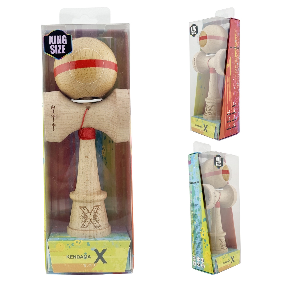 Kendama X Originala, Profesionala, Flippy, Super Sticky, Cupe Mari KING SIZE V3, Gaura in Baza, Rulment Metalic, din lemn 18 cm, Ata 62/65 cm, Original Rosu