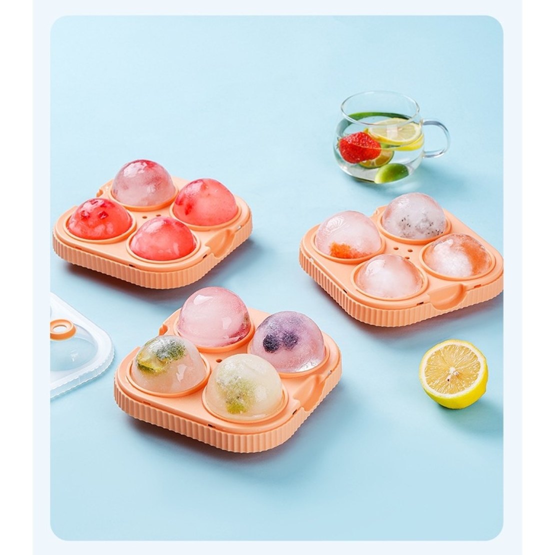 Forma Sfere de Gheata pentru Wiskey si Cocktail-uri Flippy, 4 Sfere, Material Plastic/Silicon Alimentar, Diametru 6.5 cm, cu Orificiu Tip Palnie pentru Umplere, 17 x 17 x 7 cm, Portocaliu