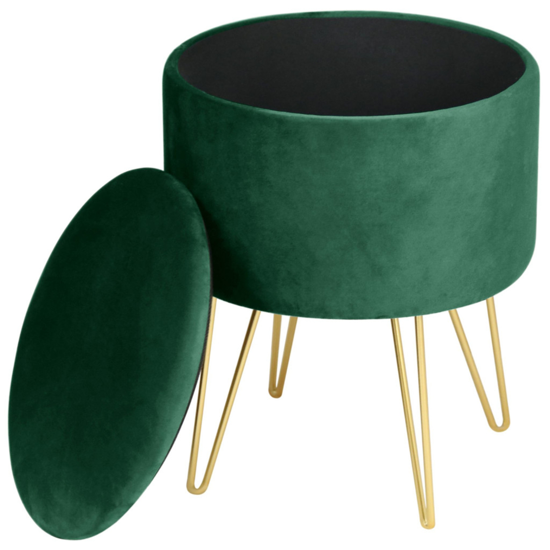 Taburet tapitat rotund Lili cu spatiu de depozitare, velur, 35x35x45 cm, verde