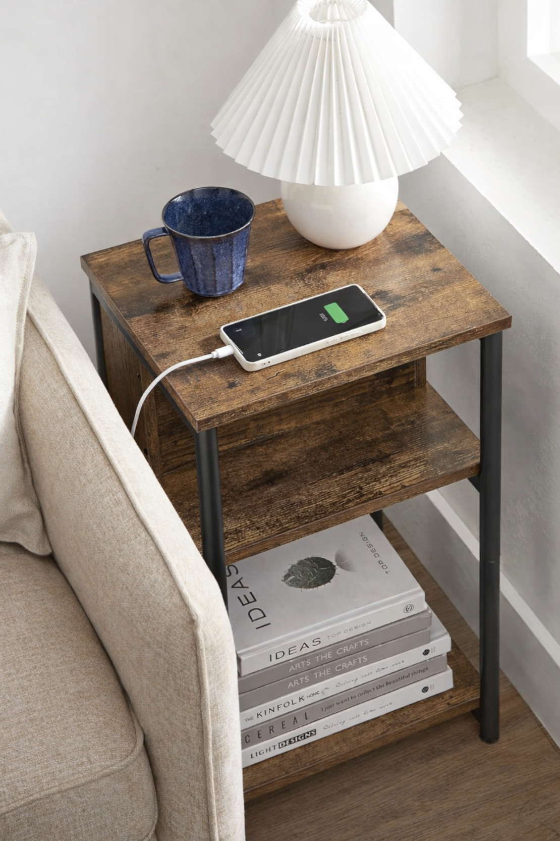 VASAGLE Noptiera cu prize si USB, 3 rafturi, stil industrial, 30x34x58 cm, maro rustic