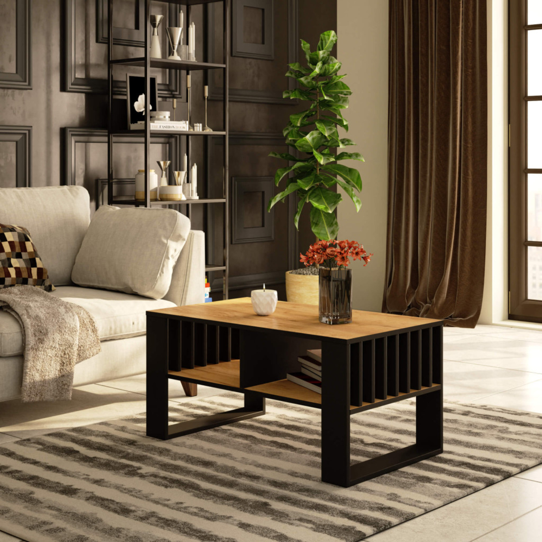 Masuta cafea ROCKFORD, cu blat din PAL, 92x53x45 cm, stejar craft si negru