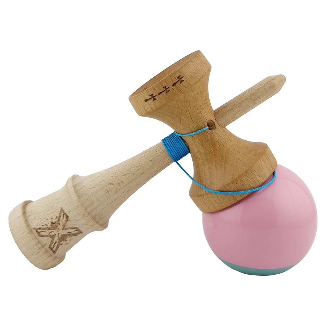 Kendama X Originala, Profesionala, Flippy, Big Cups V2, Super Sticky cu Cupe Mari, Rulment Metalic, din lemn 18 cm, Ata 55 cm, Roz/Verde
