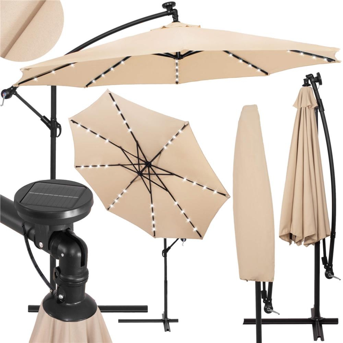 Umbrela de gradina cu brat lateral banana, iluminare LED, cu husa, 300cm, crem