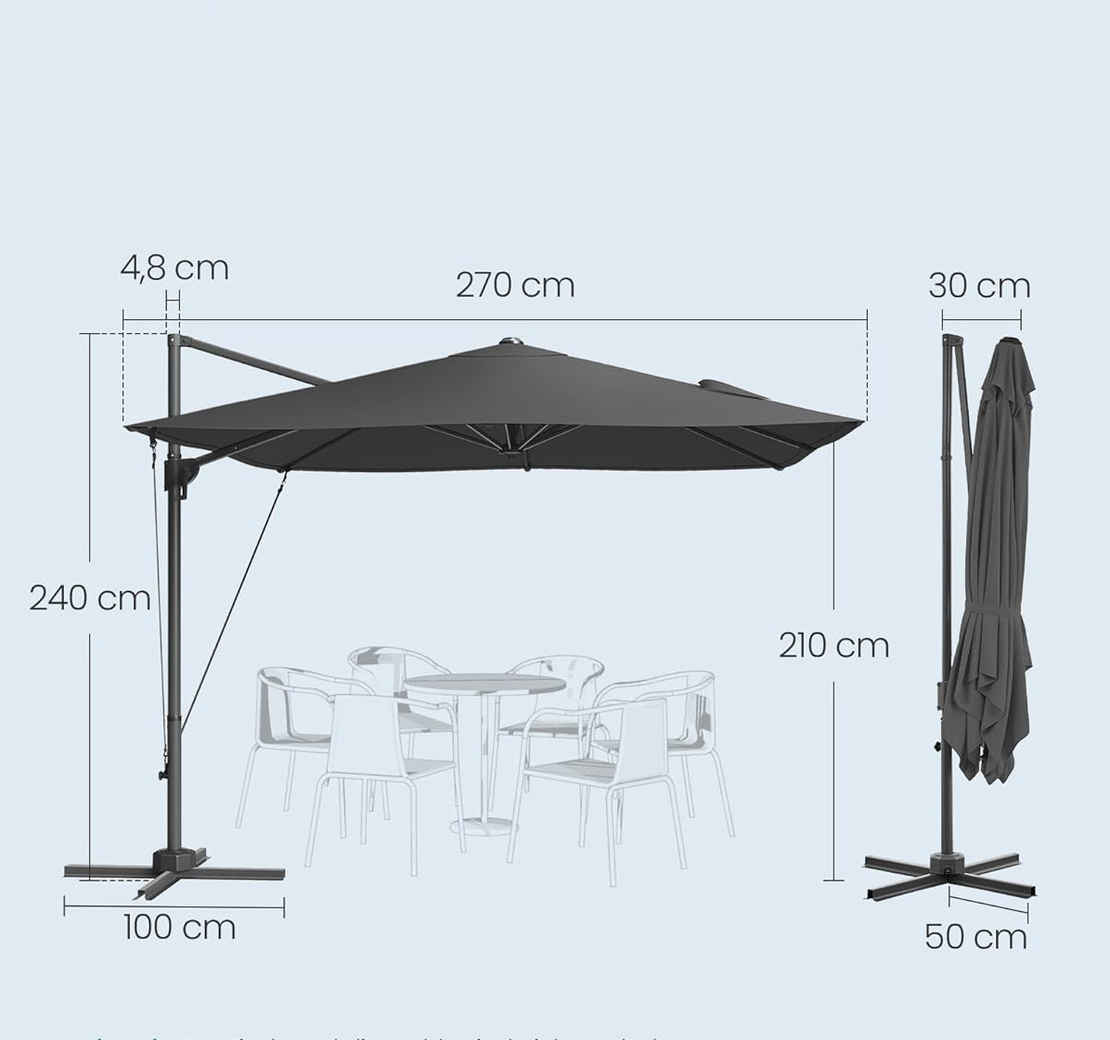 SONGMICS Umbrela de gradina cu manivela tip pendul 270x270 cm, UPF 50+, rotire 360°, inclinare reglabila, gri