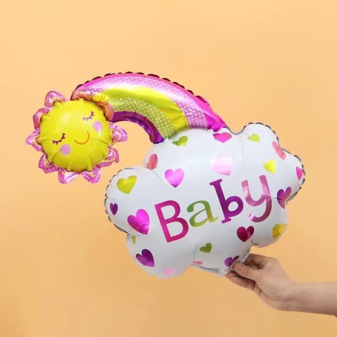 Balon din Folie Metalizata, Vafy, Figurina Soare si Nor, Tema Botez, 60x53 cm, Ambalaj Individual, Pai Inclus, Umflare cu Aer sau Heliu, Roz