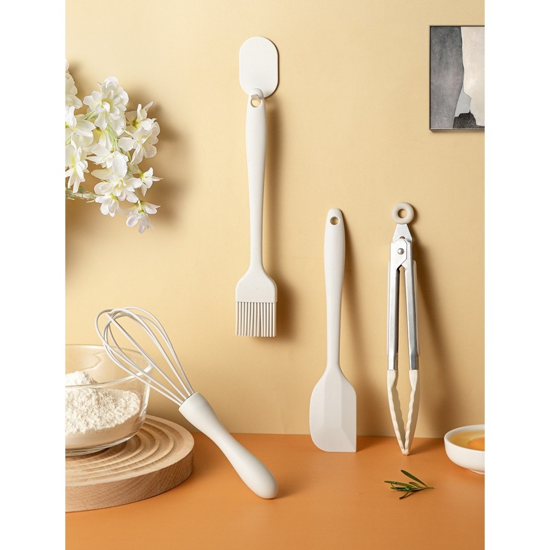 Set 4 Ustensile de Bucatarie, Flippy, din Silicon+Inox, Termorezistente, Antiaderente, 20 x 15 x 4 cm, Alb Ivory