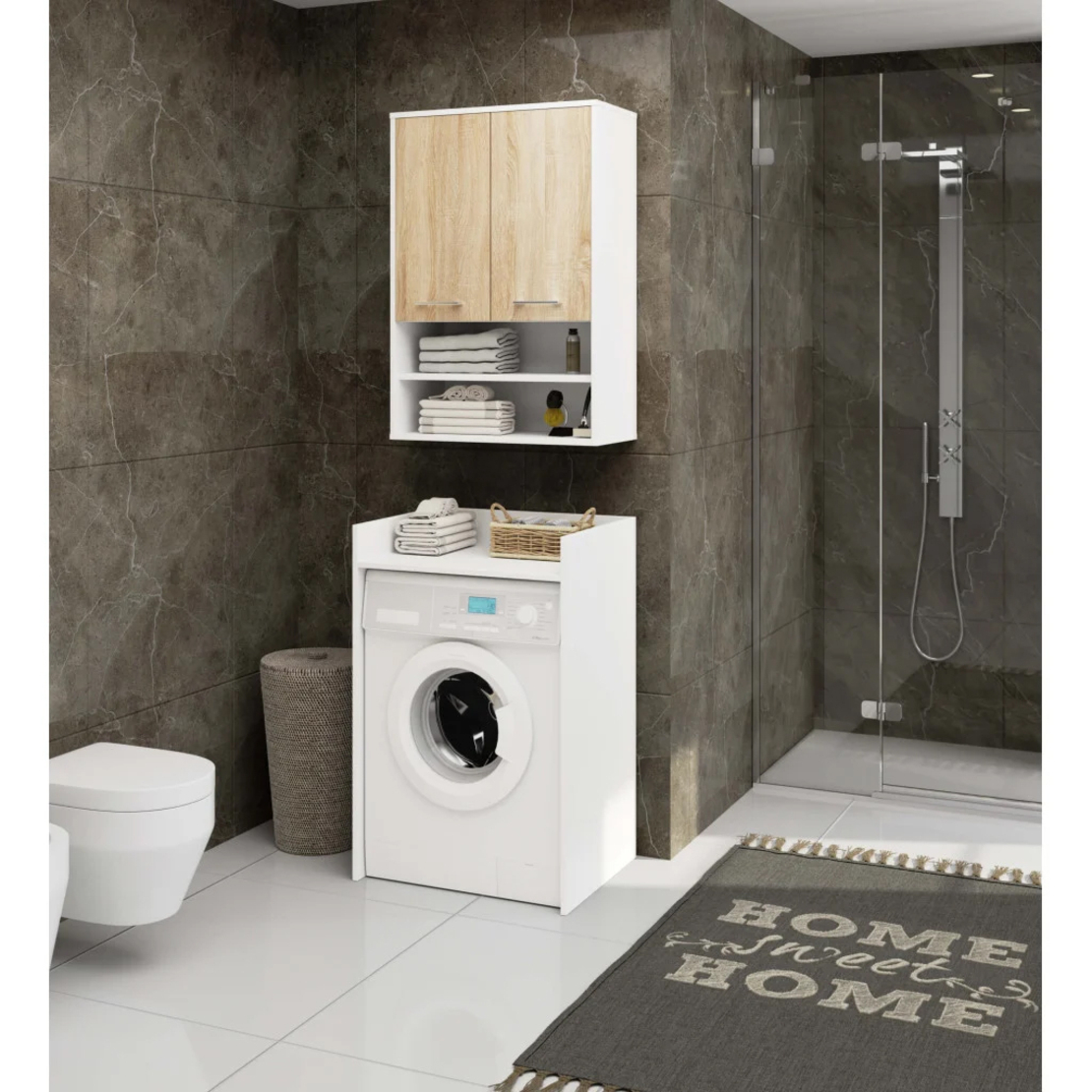 Dulap baie suspendat, cu 2 usi si 2 rafturi deschise, PAL 16 mm, 64x30x94 cm, alb si stejar sonoma