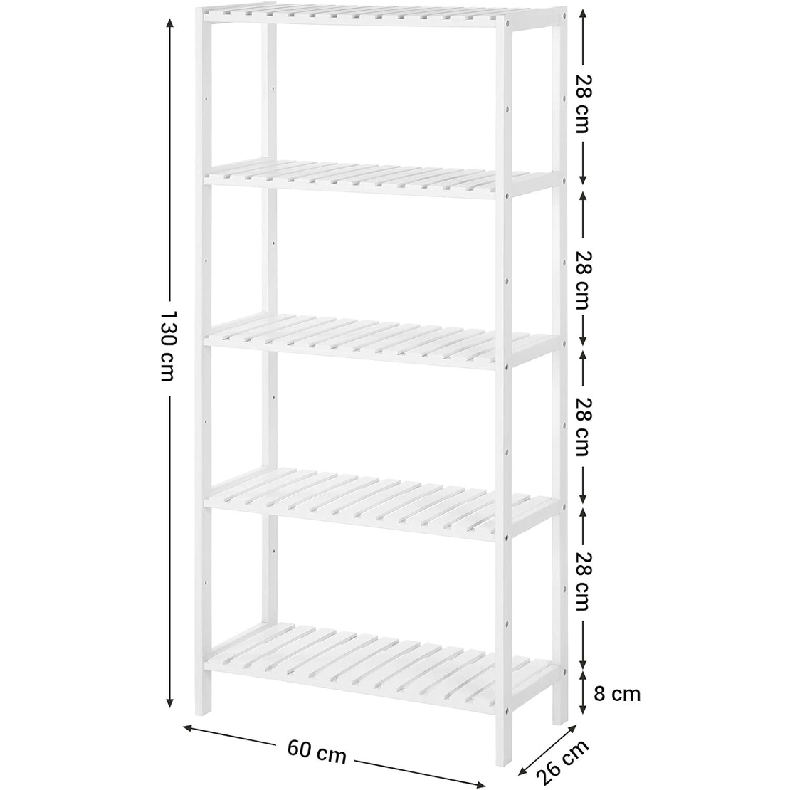 SONGMICS Raft de depozitare din bambus, 5 polite, pentru bucatarie sau baie, 130x60x26cm, alb