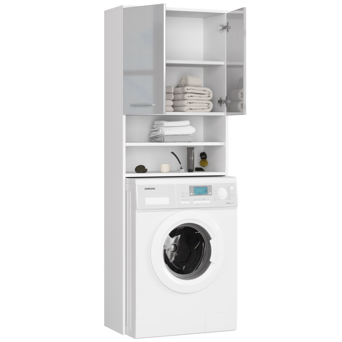 Dulap baie inalt pentru spatiu deasupra masinii de spalat, cu usi si polite, 64x30x180 cm, alb metalic lucios