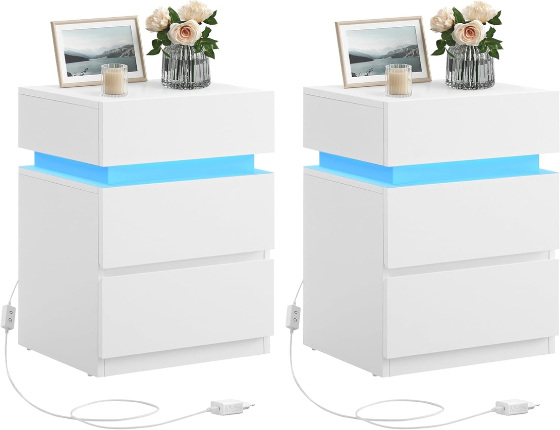 VASAGLE Set 2 noptiere din MDF cu iluminare LED, culori si intensitate reglabile, 35x40x55cm, alb