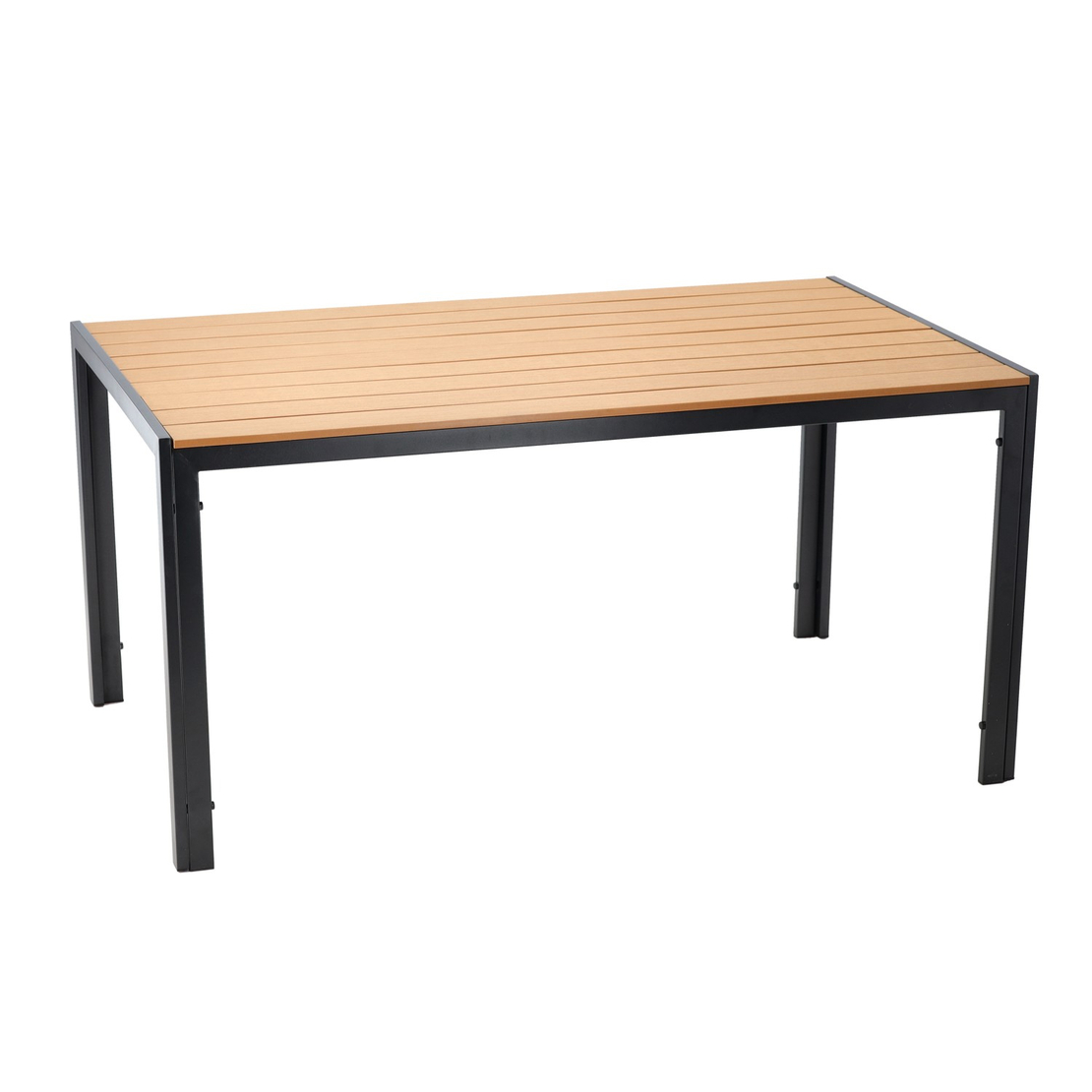 Masa de gradina, cadru otel, blat polywood cu aspect lemn, 150x90x73 cm, negru si maro natur