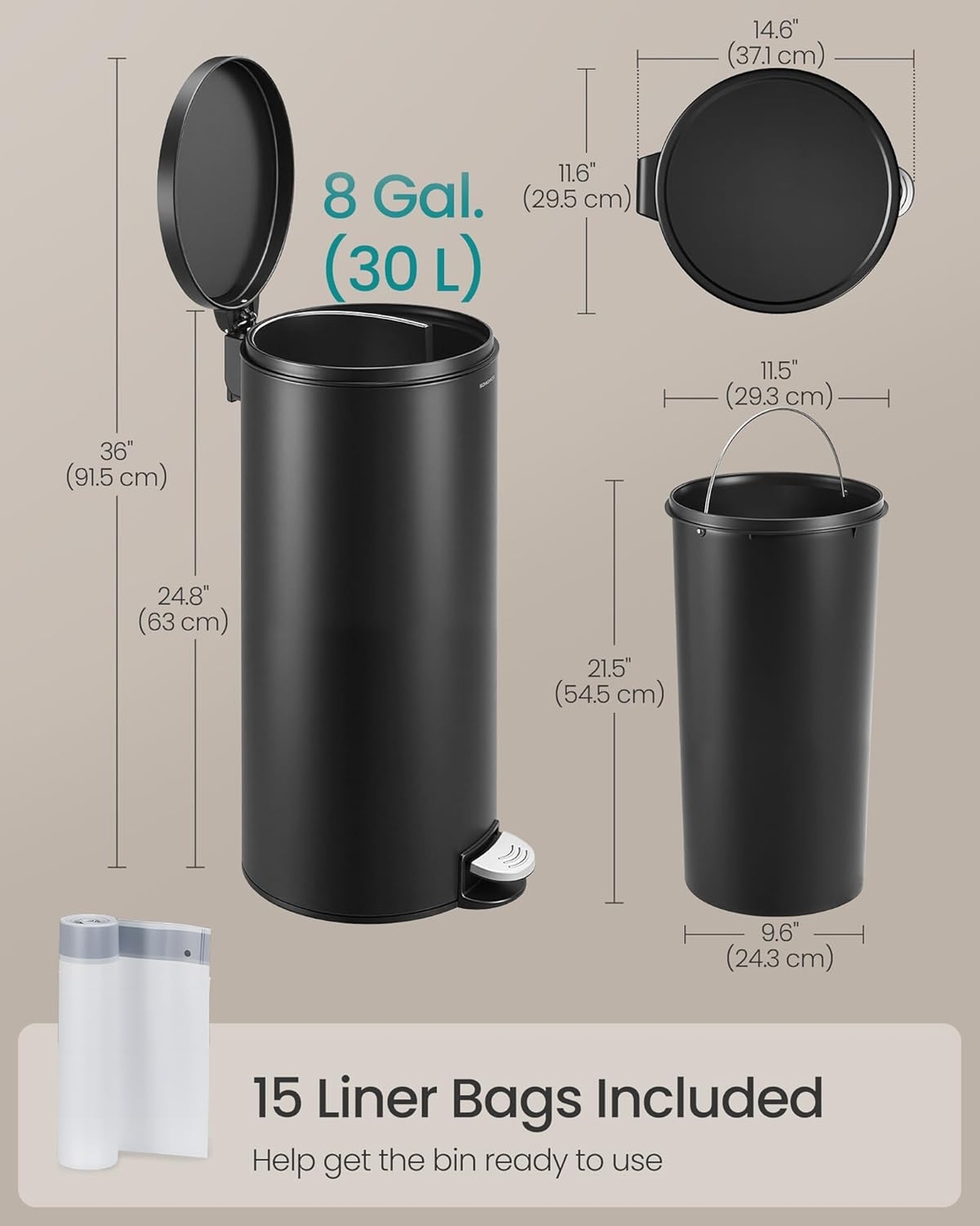 SONGMICS Cos de gunoi cu pedala, capac soft-close, galeata detasabila, otel, 30L, saci menajeri inclusi, negru