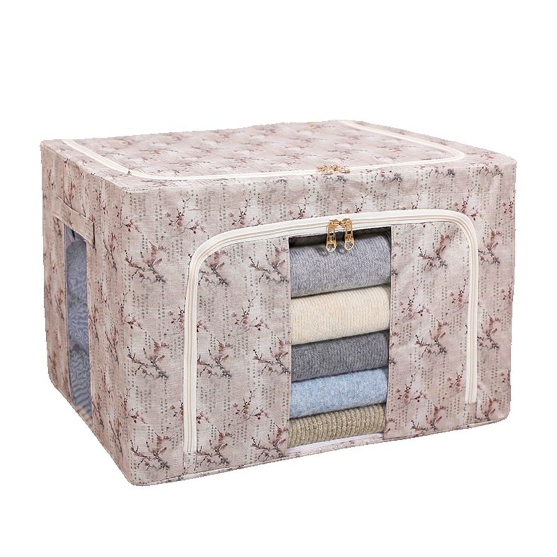 Cutie Depozitare, Vafy, 66L, din Material Textil, 50 x 40 x 33 cm, pentru Haine si Lenjerii, Model Flori de Primavara, Roz
