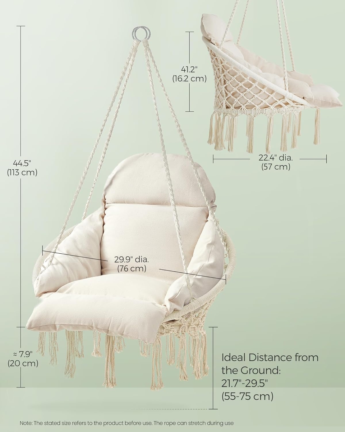 SONGMICS Scaun suspendat tip hamac cu perna groasa, stil scandinav, cadru metalic, include lant si carabiniera, 120 kg, crem