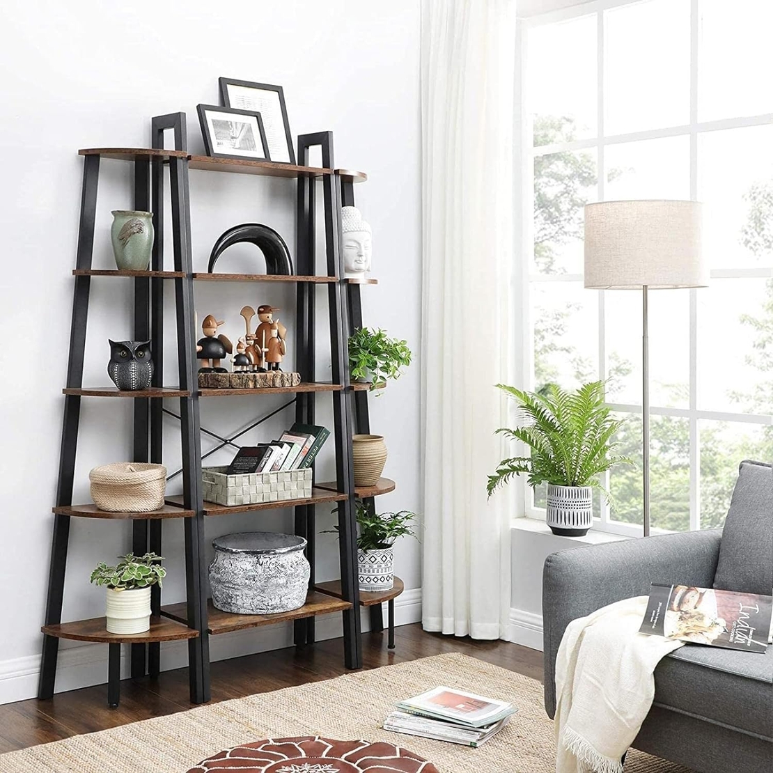 VASAGLE Raft de colt cu 5 etaje, tip biblioteca, cadru metal si polite lemn, 33x34x159cm, industrial, maro rustic si negru