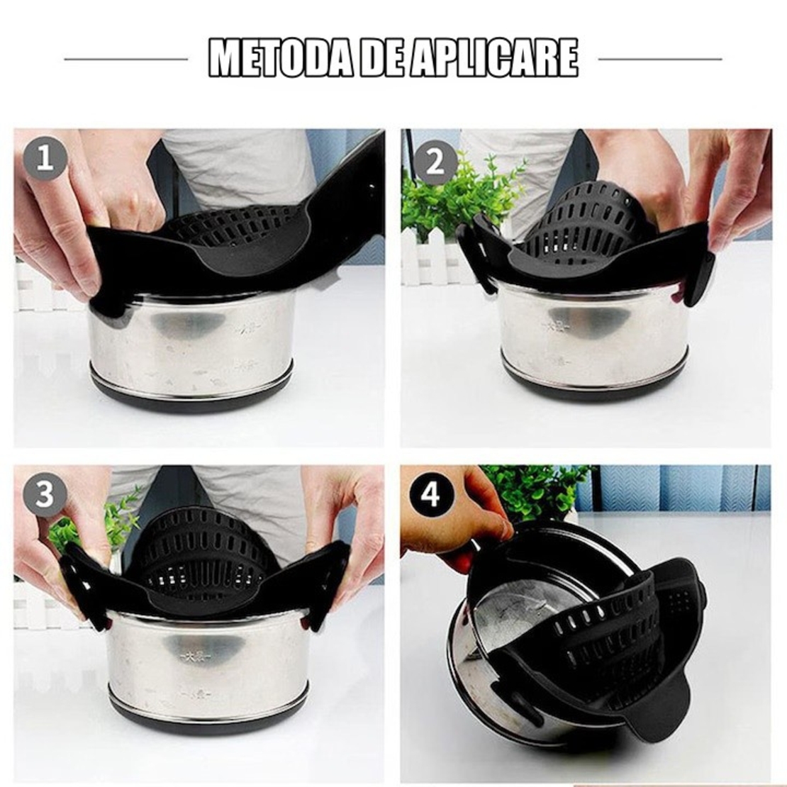 Strecurator Filtru pentru Vase, Vafy, din Silicon Rezistent la Temperaturi Inalte, Universal, Paste, Legume, Fructe, 23x12.5x6.7 cm Negru