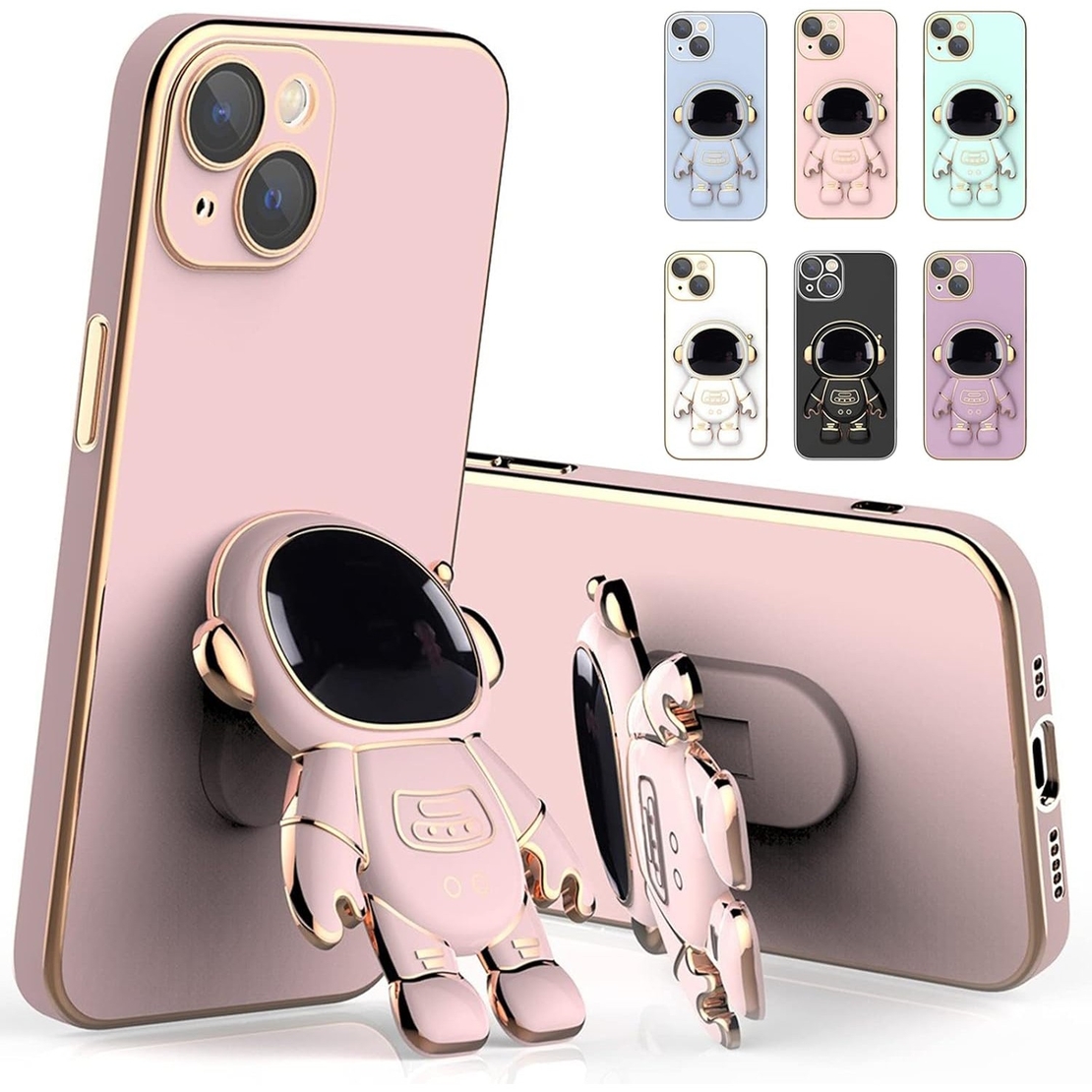 Husa de Protectie TPU 2in1, Vafy, pentru Apple iPhone 15, Astronaut cu Suport, Antisoc, Rezistenta la Impact, Protectie Camera, Roz