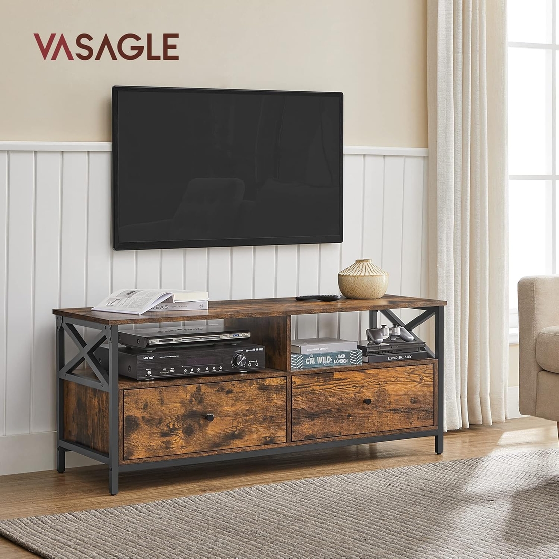 VASAGLE Comoda TV cu 2 sertare si 2 rafturi, cadru metalic, stil industrial, 120x40x50 cm, maro rustic