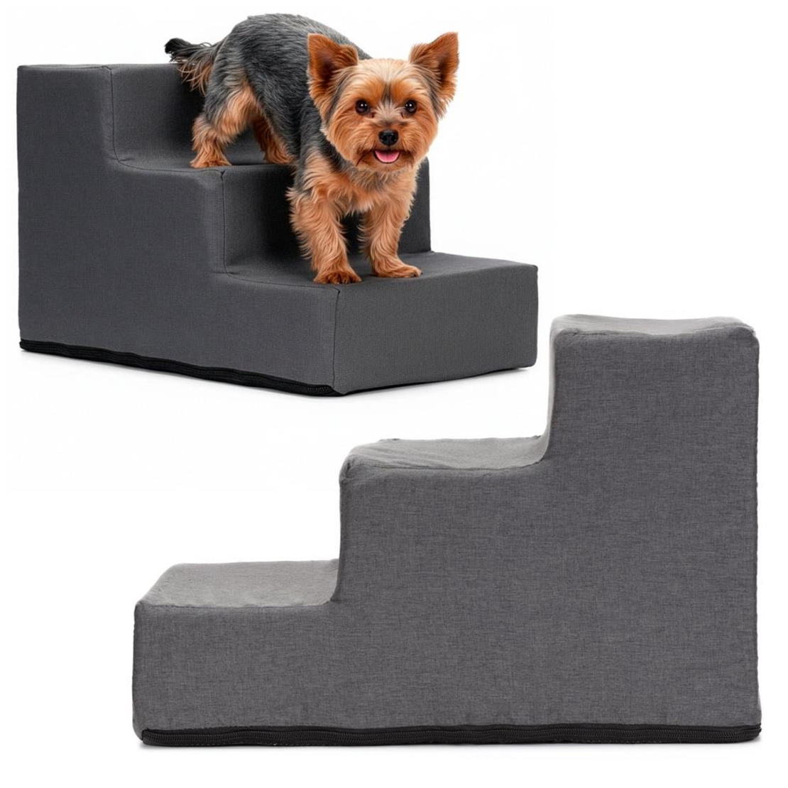 Scara pentru animale de companie, caini sau pisici, 3 trepte, antiderapanta, husa detasabila, inaltime 30 cm, gri inchis