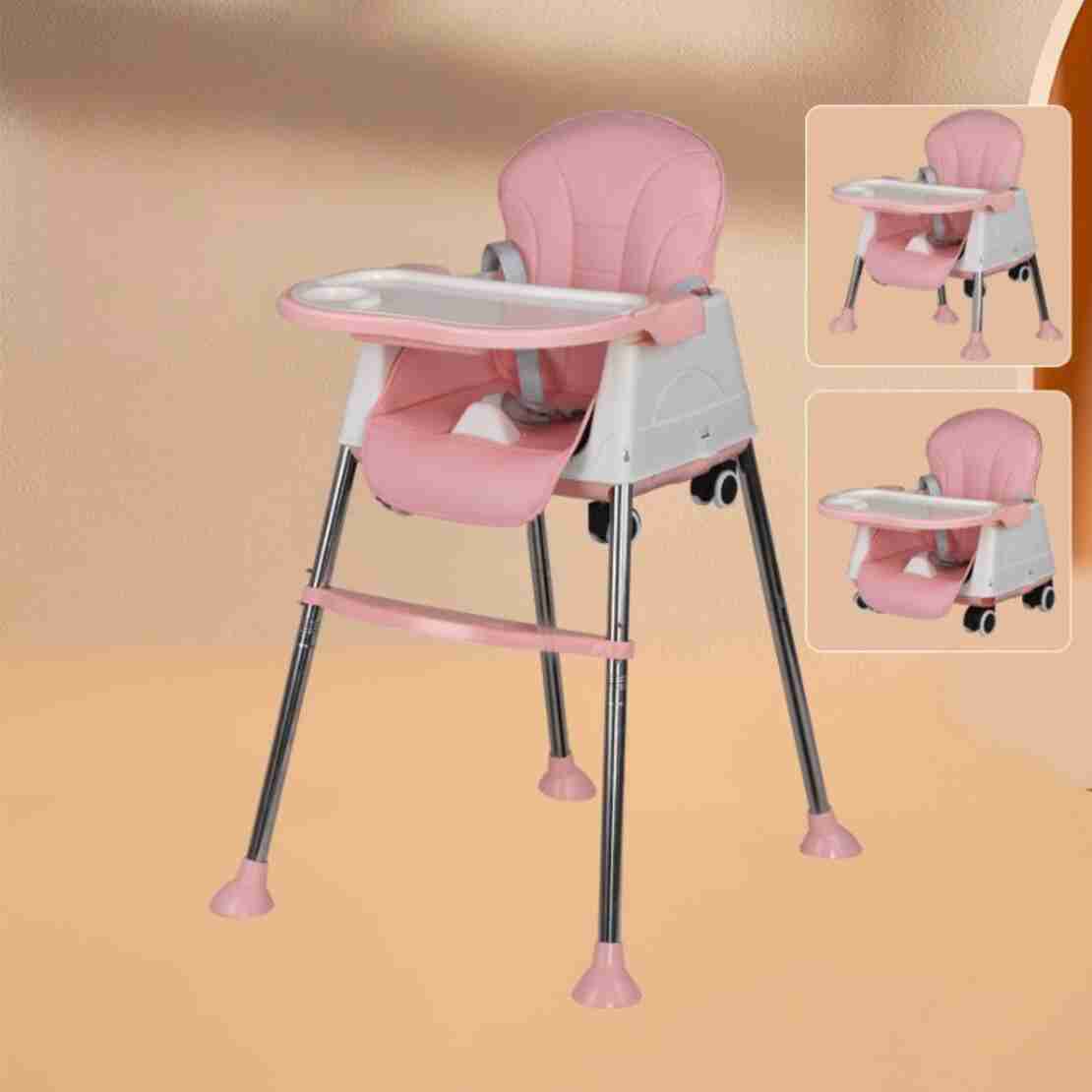 Scaun de Masa Pliabil 3in1, Flippy, Reglabil, Multifunctional, 3 Pozitii, Masuta si Husa Detasabile, Roti, Centura de Siguranta, Ajustare Inaltime, Roz