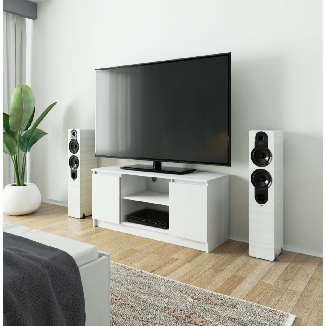 Comoda TV cu 2 usi si o polita, PAL laminat 16 mm, 120x40x55 cm, alb